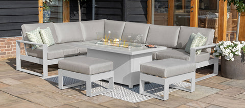 Amalfi Large Aluminium Corner Dining Set - With Fire Pit Table & Footstools - White