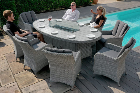 Ascot 8 Seat Oval Rattan Dining Set Venice Chairs - With Fire Pit Table & Weatherproof Cushions