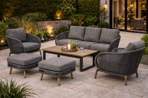 Supremo 2 Seat Rope Weave Sofa Set With Footstools & Coffee Table - Ex Display Clearance Outlet