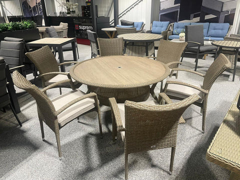 Supremo Rattan 6 Seat Round Dining Set with Wooden Affect Table Top - Ex Display