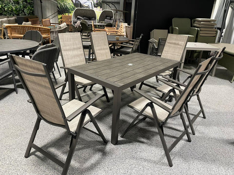Supremo 6 Seat Rectangle Dining Set with Folding Reclining Chairs - Ex Display Clearance Outlet
