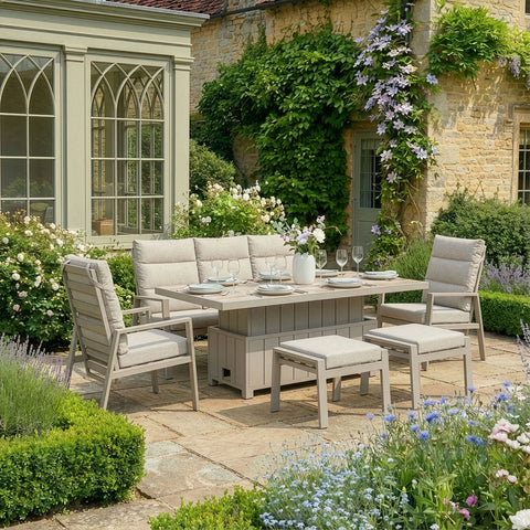 Valencia Reclining 3 Seat Aluminium Garden Sofa Set - with Rising Table & Footstools - Latte