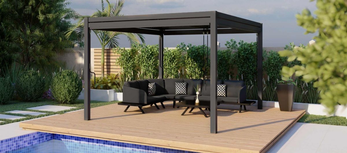 Pergola Aluminium 4m x 3m - With 4 Drop Sides & LED Lighting - Grey –  Garden Furniture UK